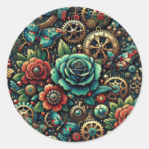 Beautiful Steampunk Themed Gears and Roses   Classic Round Sticker