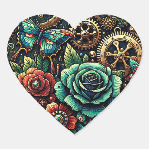 Beautiful Steampunk Themed Gears and Roses   Heart Sticker