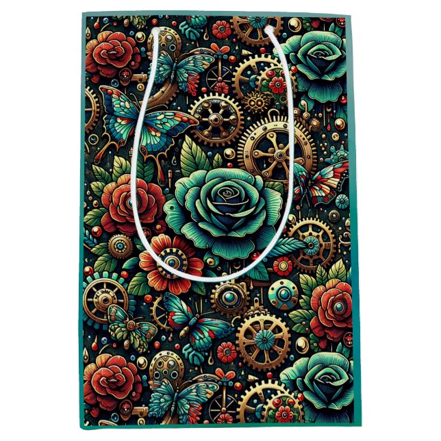Beautiful Steampunk Themed Gears and Roses  Medium Gift Bag (Front)
