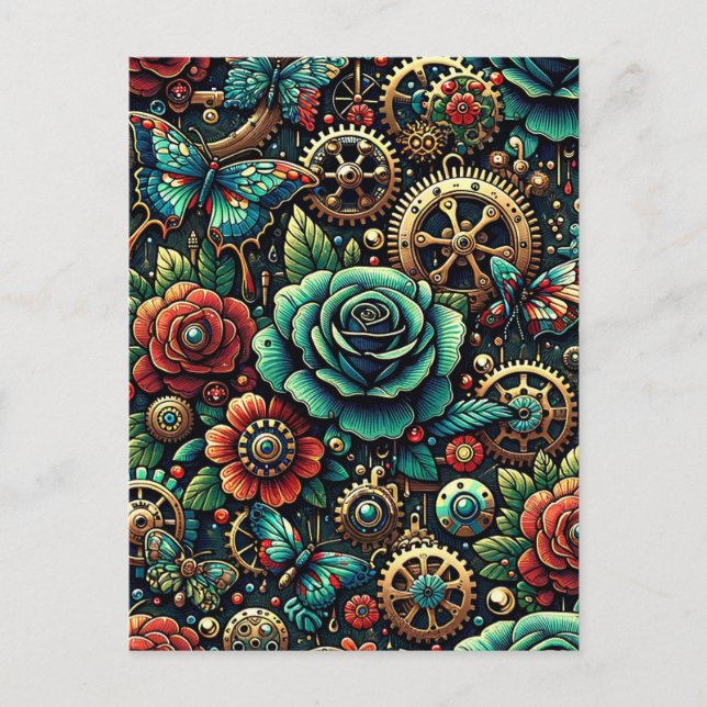 Beautiful Steampunk Themed Gears and Roses   Postcard (Front)