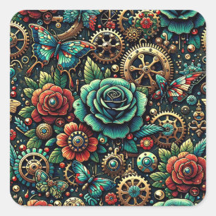 Beautiful Steampunk Themed Gears and Roses   Square Sticker