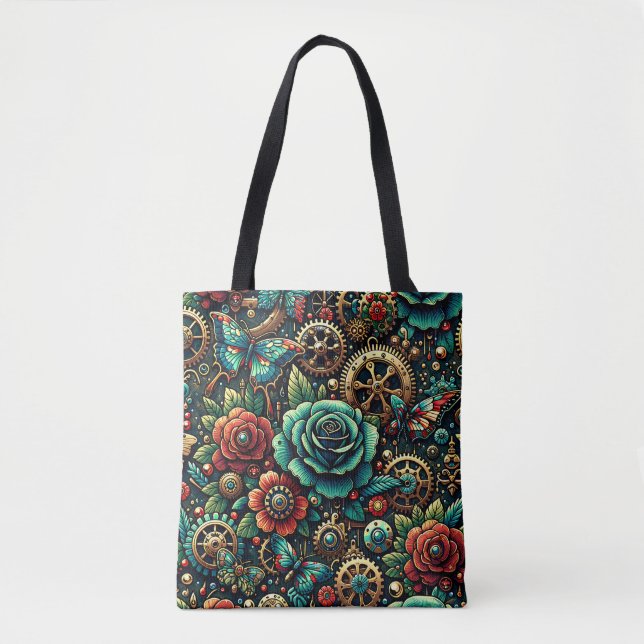 Beautiful Steampunk Themed Gears and Roses Tote Bag (Front)
