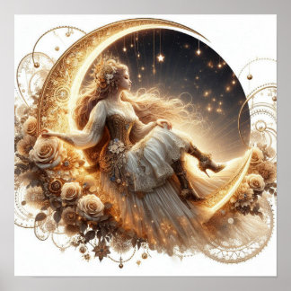 Beautiful Steampunk Woman on the Moon Poster