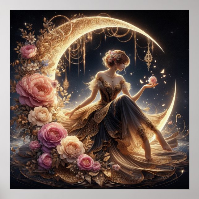 Beautiful Steampunk Woman on the Moon Poster (Front)