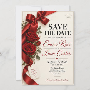 Beautiful Story Red Rose Ribbon Save the Date Invitation