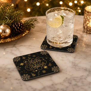 Beautiful Stylish Gold and Black Happy Holidays Coaster