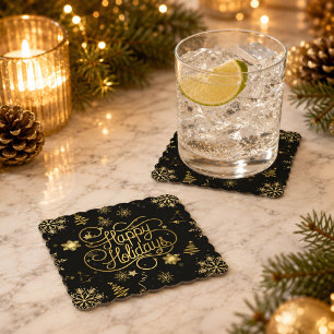 Beautiful Stylish Gold and Black Happy Holidays Paper Coaster