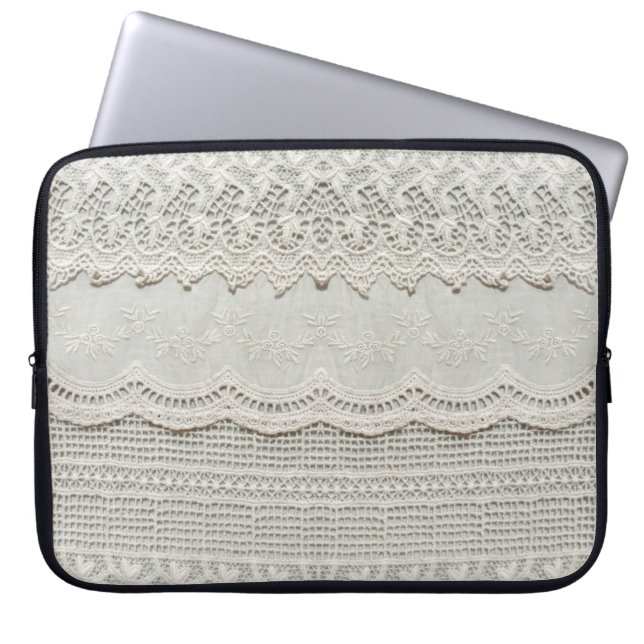 Beautiful, subtle, white laced textile close up.  laptop sleeve (Front)