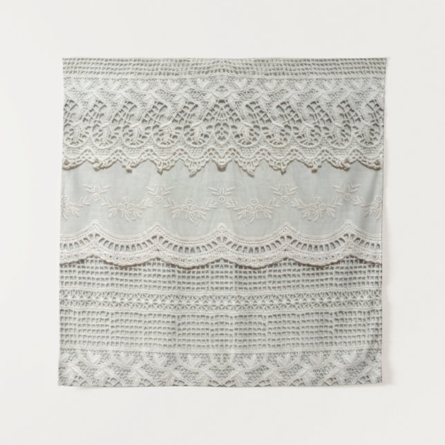 Beautiful, subtle, white laced textile close up.  tapestry (Front)