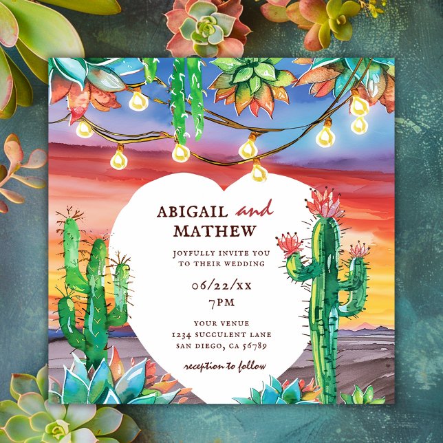 Beautiful Succulent Cactus Sunset Heart Wedding Invitation (Creator Uploaded)