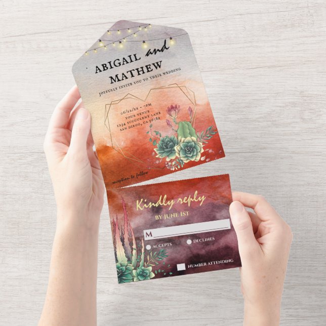 Beautiful Succulent Sunset Heart Geometric Wedding All In One Invitation (Tearaway)