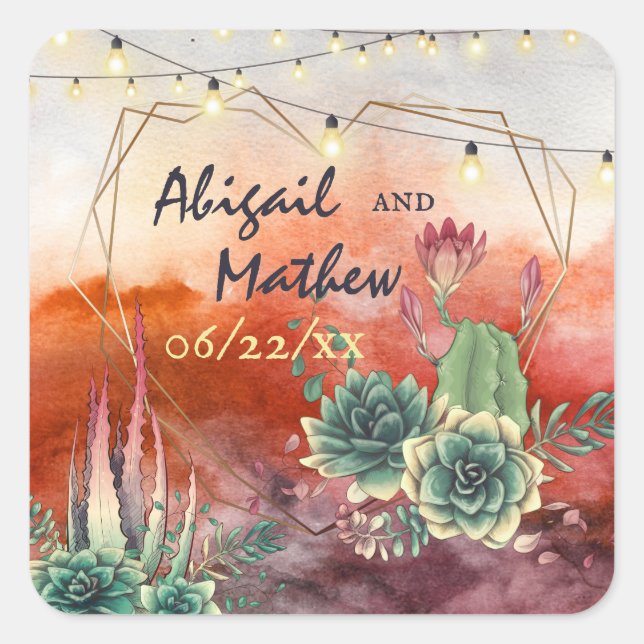 Beautiful Succulent Sunset Heart Geometric Wedding Square Sticker (Front)