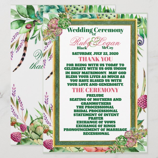 Beautiful Succulents Wedding Ceremony Card (Front/Back)