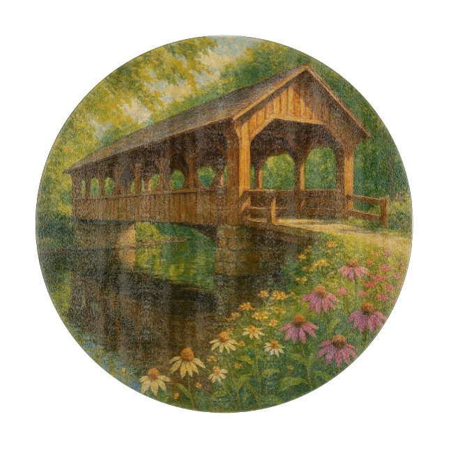 Beautiful summer covered bridge art cutting board (Front)