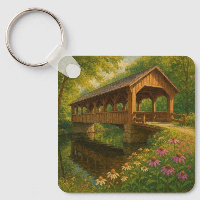 Beautiful summer covered bridge art key ring (Front)