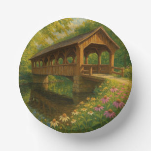 Beautiful summer covered bridge art paper plate