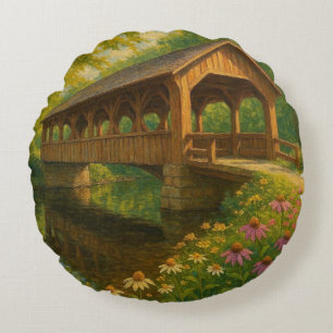 Beautiful summer covered bridge art round cushion