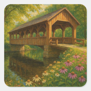 Beautiful summer covered bridge art square sticker