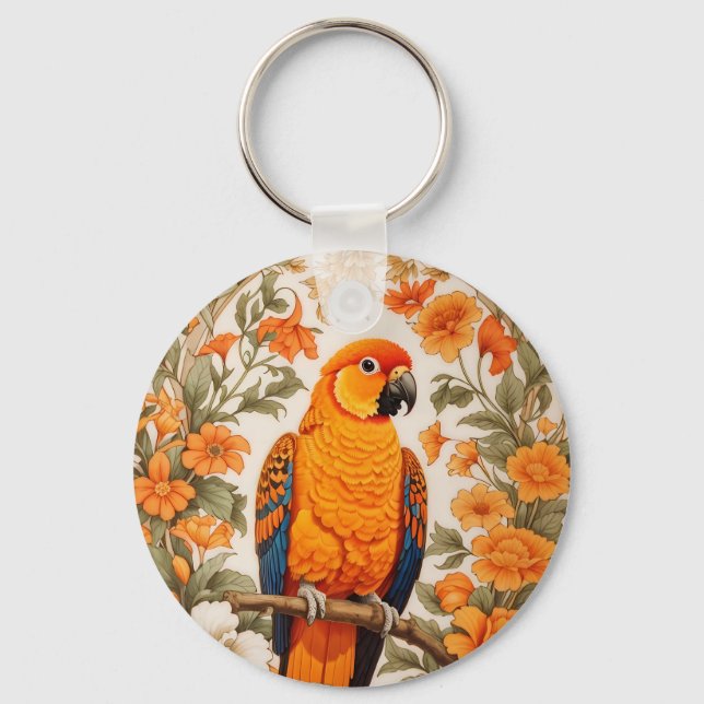 Beautiful Sun Conure William Morris Inspired Key Ring (Front)