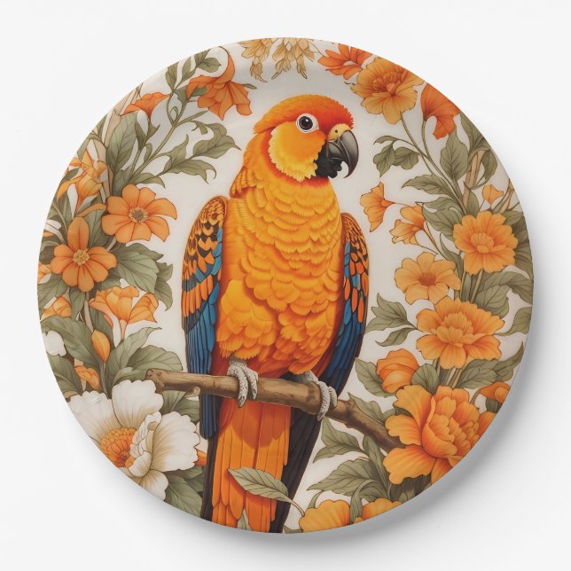 Beautiful Sun Conure William Morris Inspired Paper Plate (Front)