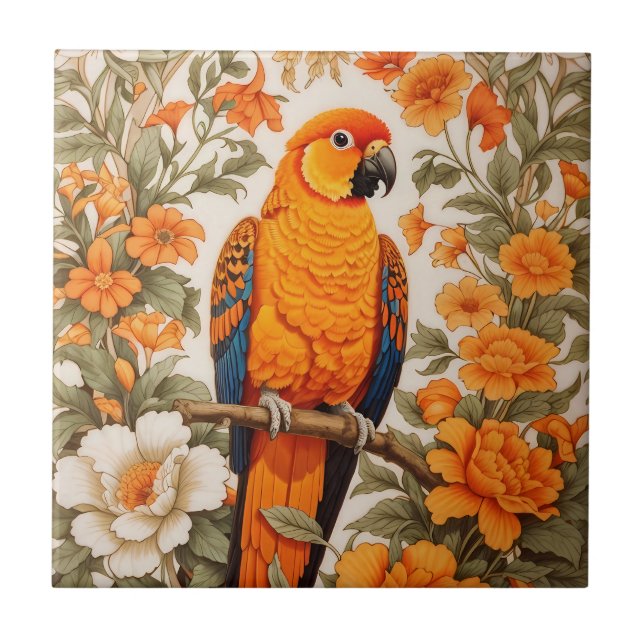 Beautiful Sun Conure William Morris Inspired Tile (Front)