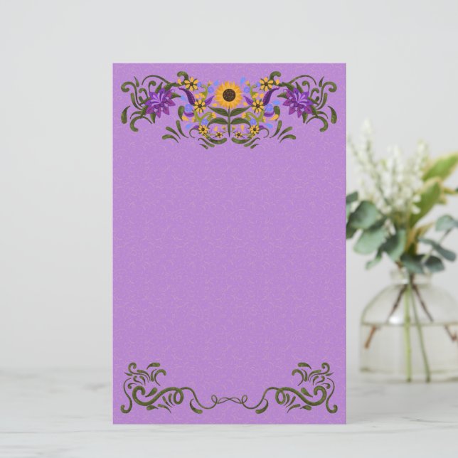 Beautiful Sunflower Floral Swirls Light Purple Stationery (Standing Front)