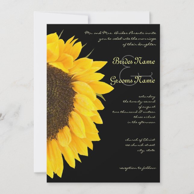 Beautiful Sunflower on Black Wedding Invitation (Front)