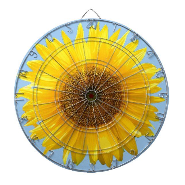 Beautiful Sunflower on Light Blue Dartboard (Front)
