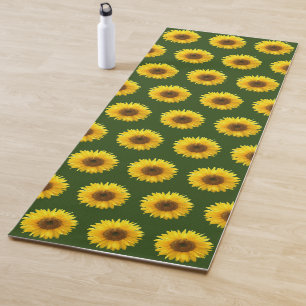 Beautiful sunflower pattern on forest green yoga mat