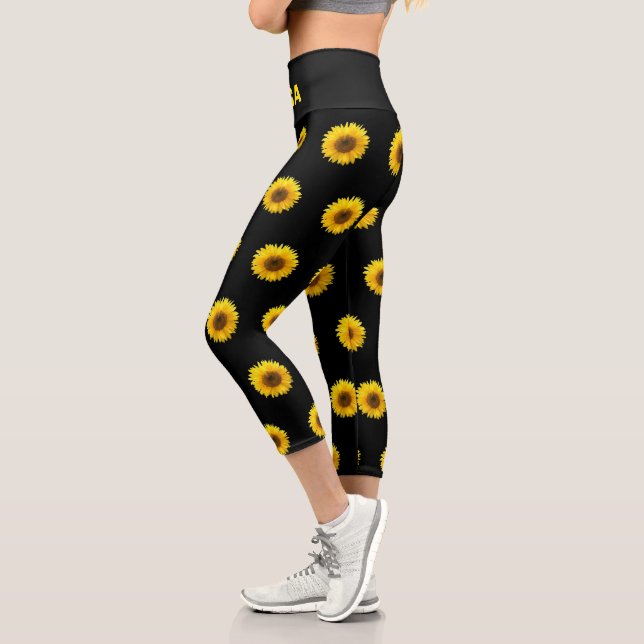 Beautiful Sunflower Pattern & Yoga Text on Black Capri Leggings (Left)