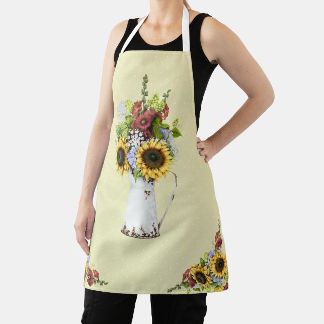 Beautiful Sunflower Watercolor Yellow Polka Dot Apron (Insitu)