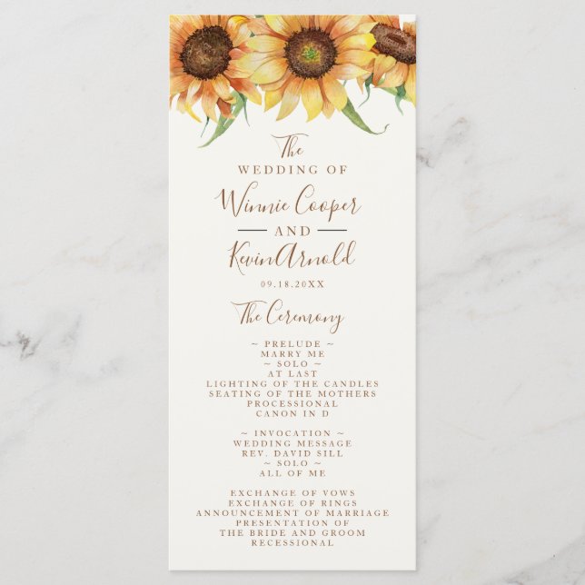 Beautiful, Sunflower Wedding Programme (Front)