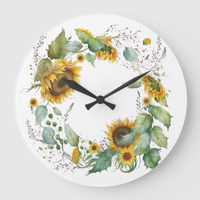 Beautiful Sunflower Wreath Illustration Large Clock (Front)