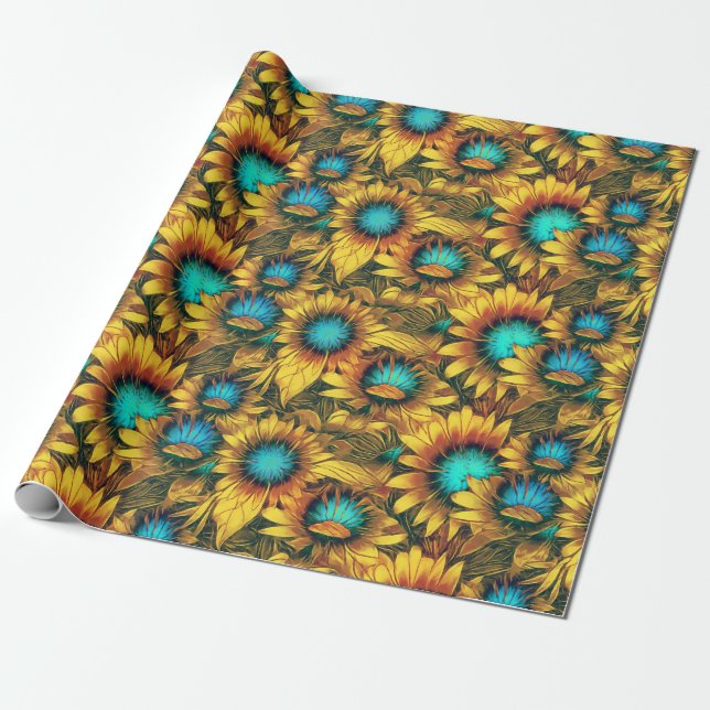 Beautiful Sunflower Yellow Teal Abstract Pattern Wrapping Paper (Unrolled)