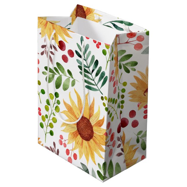 Beautiful Sunflowers and Berries Watercolor  Medium Gift Bag (Back Angled)
