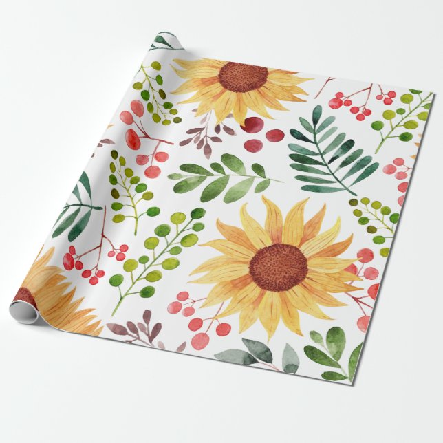 Beautiful Sunflowers and Berries Watercolor  Wrapping Paper (Unrolled)