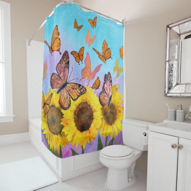 Beautiful Sunflowers Butterflies Flower Garden Shower Curtain (In Situ)