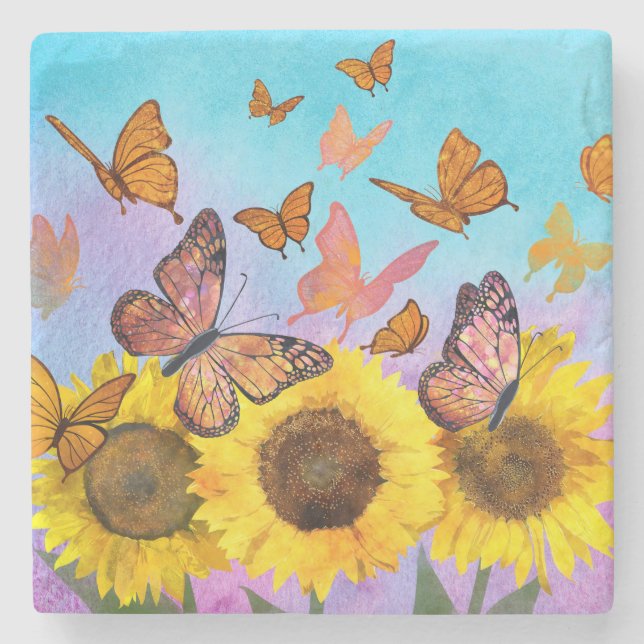 Beautiful Sunflowers Butterflies Flower Garden Stone Coaster (Front)