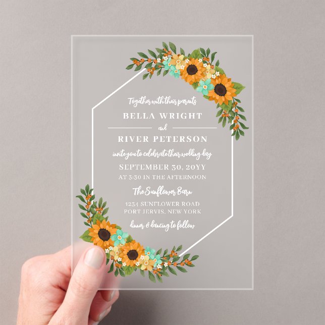 Beautiful Sunflowers Hexagon Frame Floral Wedding Acrylic Invitations (Insitu (Handheld))