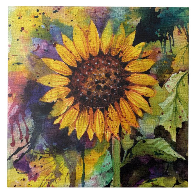 Beautiful Sunflowers In Watercolor Tile (Front)