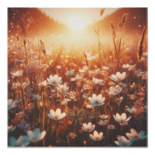 Beautiful Sunrise Spring Meadow White Wildflowers  Poster
