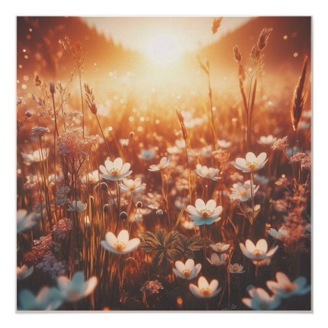 Beautiful Sunrise Spring Meadow White Wildflowers  Poster (Front)