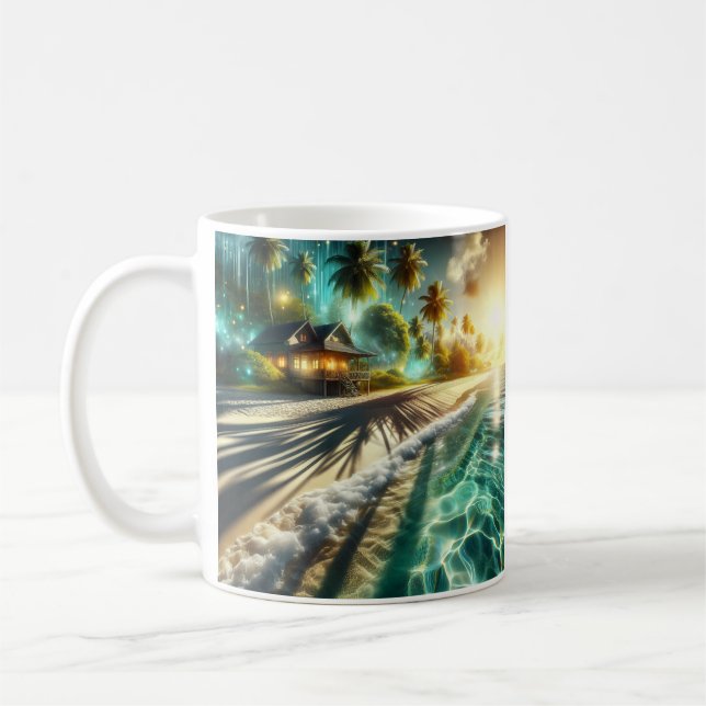 Beautiful Sunset Beach House Themed Coffee Mug (Left)