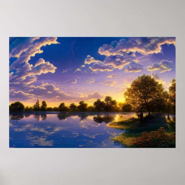 Beautiful sunset blue sky clouds water trees sun poster (Front)