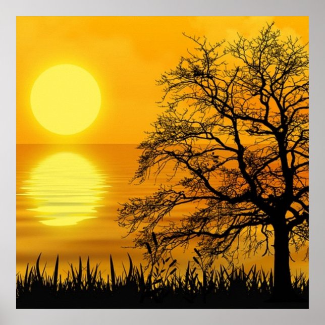 Beautiful sunset by the sea with a yellow sky poster (Front)