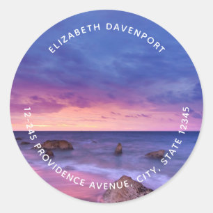 Beautiful Sunset Coastal Photograph Address Classic Round Sticker