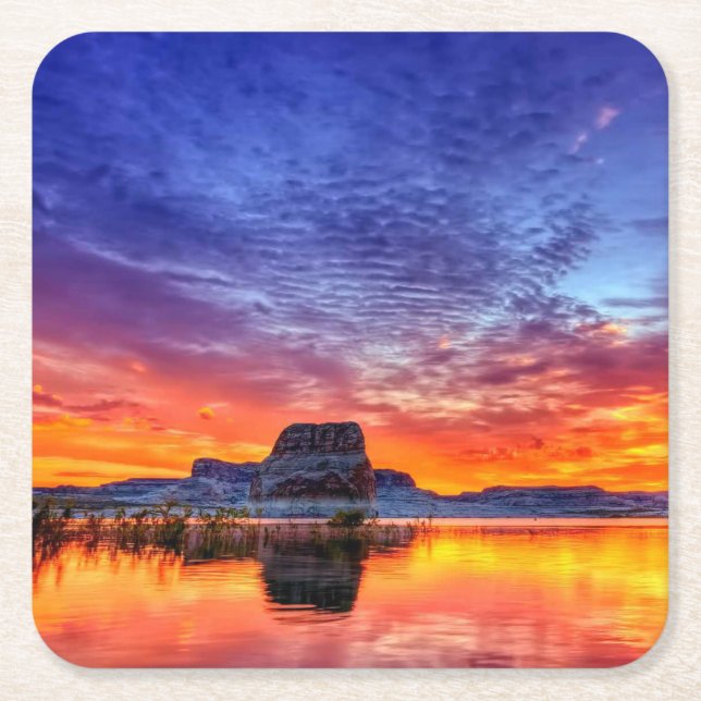 Beautiful Sunset-Lake-Rock Formation Square Paper Coaster (Front)