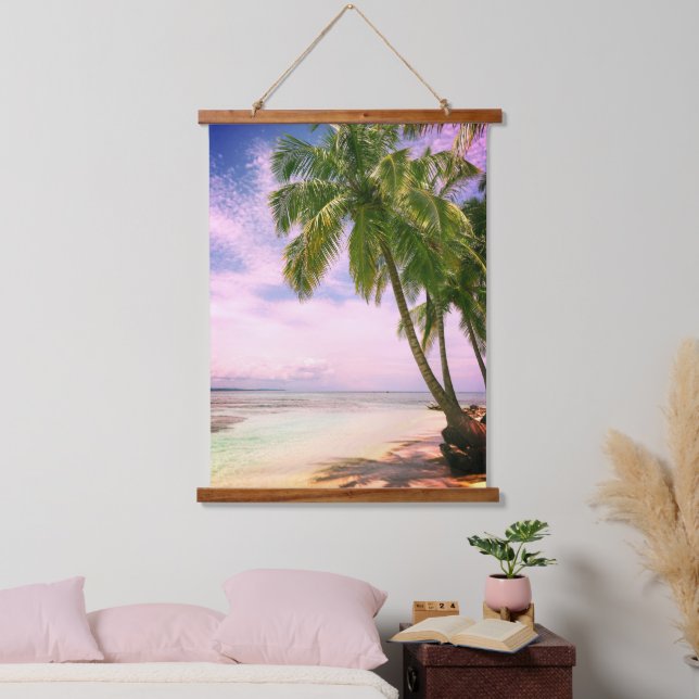 Beautiful Sunset Ocean, Sandy Beach, Palm Trees Hanging Tapestry (Bedroom)
