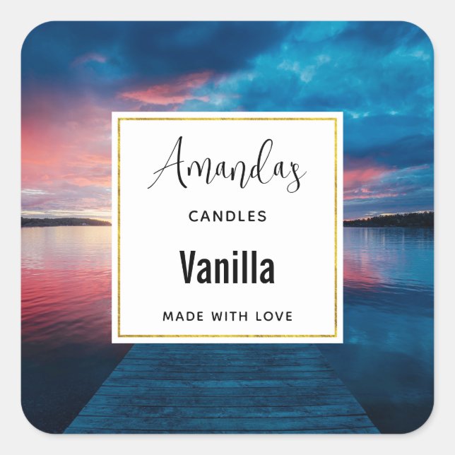 Beautiful Sunset on a Calm Lake Candle Business Square Sticker (Front)