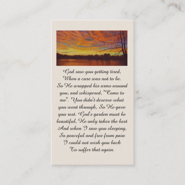Beautiful Sunset on a Lake Memorial Prayer Card (Front)